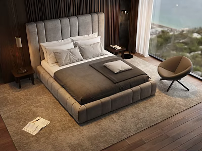 Modern Double Bed with High Backrest Grey Upholstery Nightstand Lamp and Sea View 3d model
