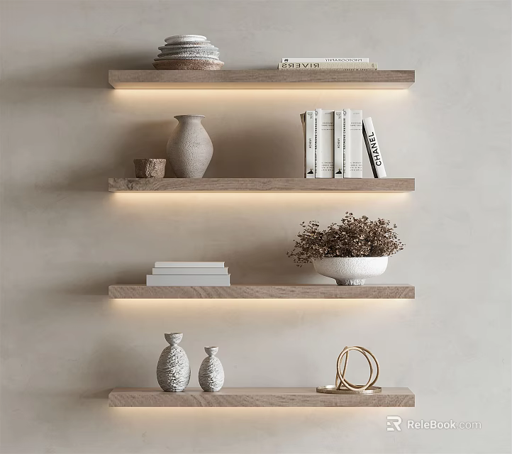 Decorative Ornament Combination With LED Lighting Vases Books And Potted Plant On Wooden Shelves 3d model 