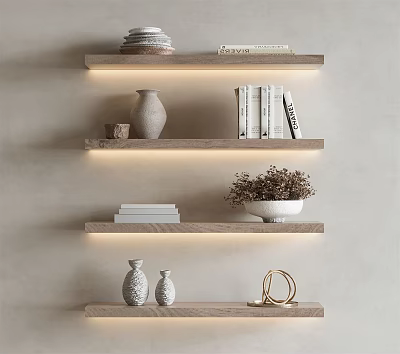 Decorative Ornament Combination With LED Lighting Vases Books And Potted Plant On Wooden Shelves 3d model