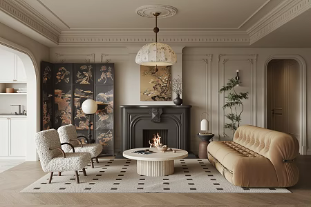 Middle Ancient Style Living Room Fabric Sofa Fireplace Single Sofa Coffee Table Screen Decorative Painting Chandelier 3d model