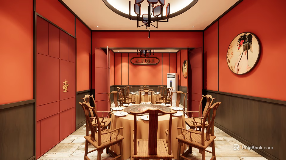 Chinese Style Hotpot Restaurant Interior With Red Walls Round Tables Wooden Chairs And Chandeliers 3d model 