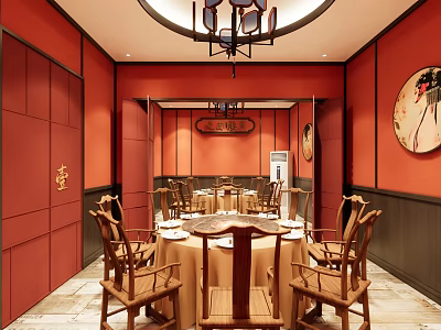 Chinese Style Hotpot Restaurant Interior With Red Walls Round Tables Wooden Chairs And Chandeliers 3d model