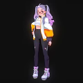 Game And Movie Character With Purple Pigtails Hair Round Glasses White Orange Jacket And Backpack