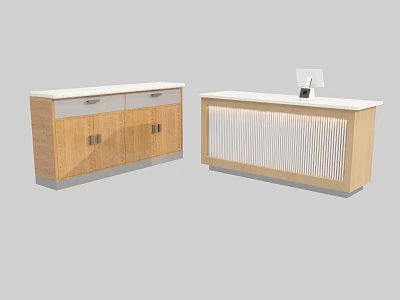 Modern Reception Desk with Wooden Cabinetry White Countertop Vertical Stripes and Computer Monitor 3d model