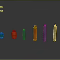 Colored Cylindrical Gas Cylinders In Various Colors Sizes On Dark Reflective Surface