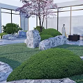 Modern Garden Landscape With Winding Pathway Lush Lawn Rock Decorations And Cherry Blossom Trees