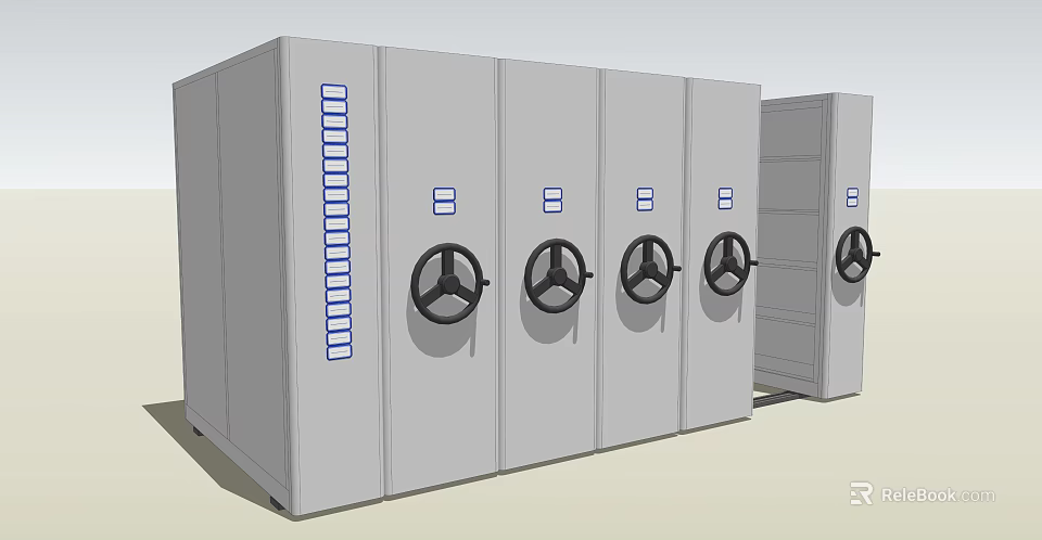 Modern Gray Two Piece Bookcase With Multi Doors Black Round Handles And Blue Strips 3d model 