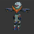 Mechanical Robot Character In Standing Pose With White Head Orange Armor And Blue Red Details