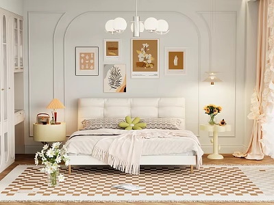 Elegant Bedroom Interior Design With White Bed Wall Art Chandelier Nightstand Sunflowers And Checkered Rug 3d model