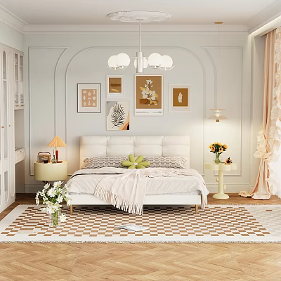 Elegant Bedroom Interior Design With White Bed Wall Art Chandelier Nightstand Sunflowers And Checkered Rug 3d model