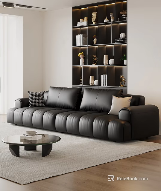 Modern Large Black Leather Sofa With Pillows In Living Room Glass Coffee Table And Bookshelf 3d model 
