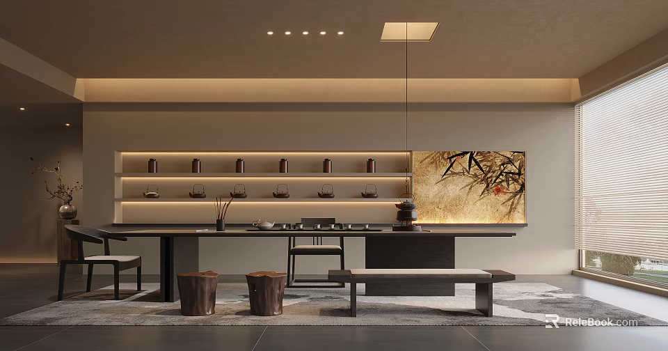 Zen Tea Room Interior Design With Wooden Table Shelves And Decorative Painting 3d model 
