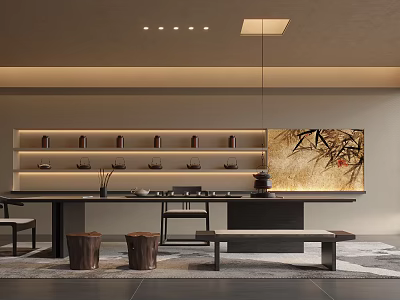 Zen Tea Room Interior Design With Wooden Table Shelves And Decorative Painting 3d model