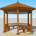 Traditional Chinese Wooden Pavilion With Octagonal Structure Tile Roof And Carved Railings