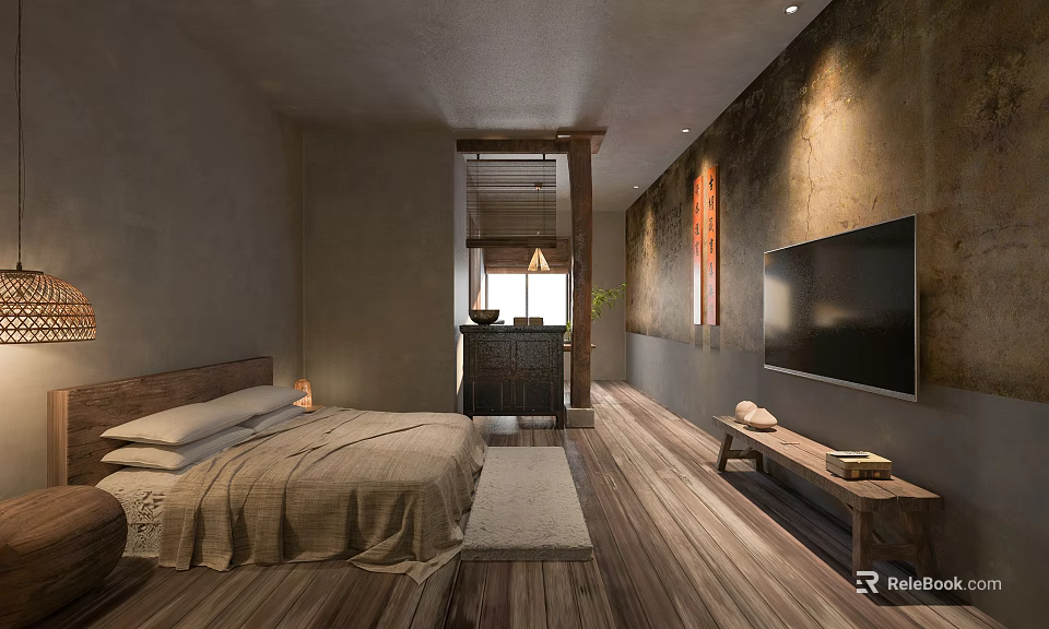 Hotel Room Interior With Wooden Floor King Bed TV And Decorative Painting 3d model 