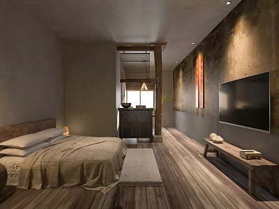 Hotel Room Interior With Wooden Floor King Bed TV And Decorative Painting 3d model