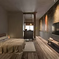 Hotel Room Interior With Wooden Floor King Bed TV And Decorative Painting