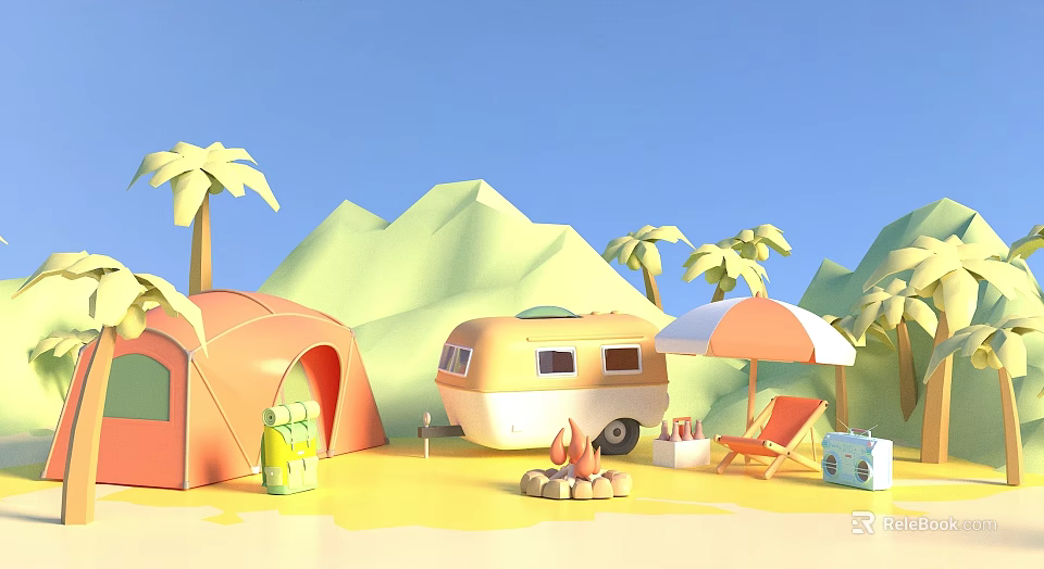 Outdoor Camping Gear Set With Tent Camper Van Umbrella Beach Chair And Campfire 3d model 