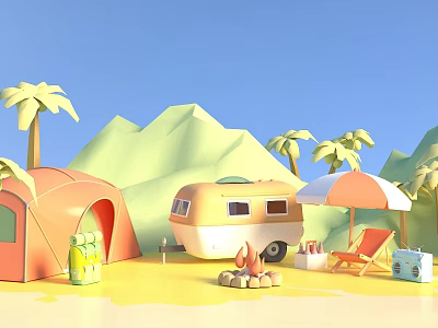 Outdoor Camping Gear Set With Tent Camper Van Umbrella Beach Chair And Campfire 3d model
