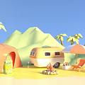 Outdoor Camping Gear Set With Tent Camper Van Umbrella Beach Chair And Campfire