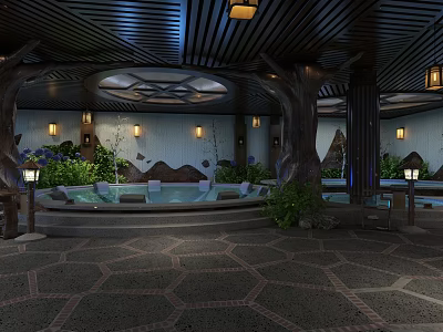 Luxurious SPA Sauna With Wooden Structure Hot Spring Pool And Soft Lighting 3d model