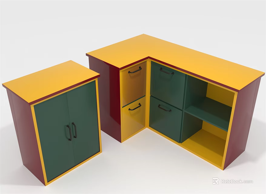 Square And L Shaped Shoe Cabinet With Yellow Top Green Doors And Red Body 3d model 