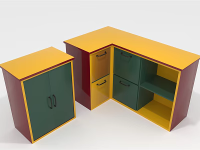Square And L Shaped Shoe Cabinet With Yellow Top Green Doors And Red Body 3d model