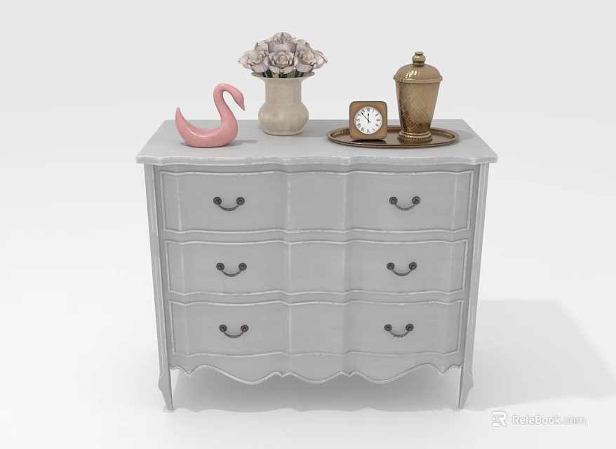 White Wooden Dresser With Drawers And Decorative Pink Swan Vase Clock Gold Container 3d model 