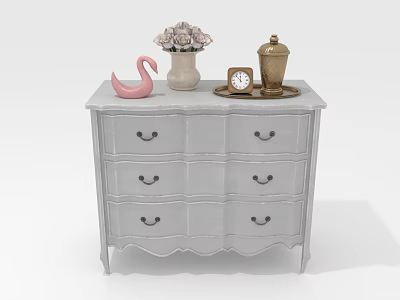 White Wooden Dresser With Drawers And Decorative Pink Swan Vase Clock Gold Container 3d model
