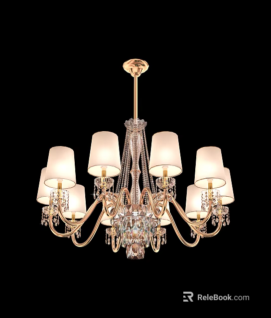 Elegant Crystal Chandelier With White Lampshades Golden Frame And Hanging Decorations 3d model 