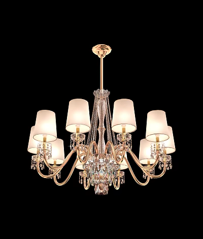 Elegant Crystal Chandelier With White Lampshades Golden Frame And Hanging Decorations 3d model