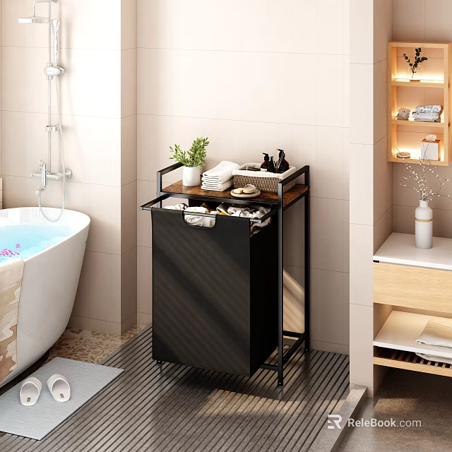 Black Bathroom Storage Rack With Shelves Towels Plant And Toiletries In Modern Bathroom 3d model 