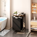 Black Bathroom Storage Rack With Shelves Towels Plant And Toiletries In Modern Bathroom