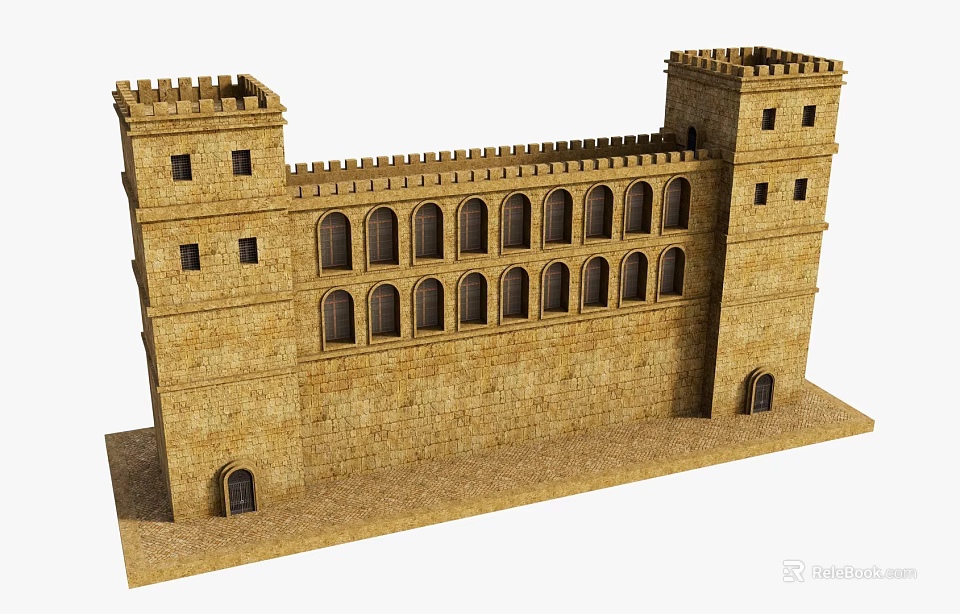 Ancient Castle Building Exterior Wall With Stone Bricks Crenellations Arched Windows And Tower 3d model 