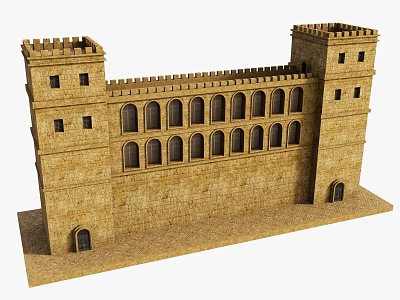 Ancient Castle Building Exterior Wall With Stone Bricks Crenellations Arched Windows And Tower 3d model