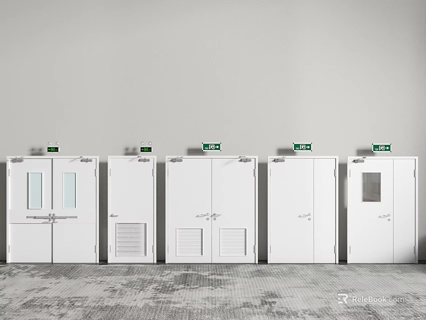 Row Of White Fire Equipment Cabinets With Green Signs Against Gray Wall 3d model 