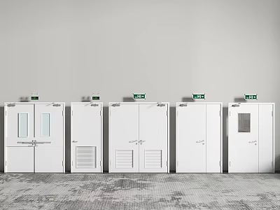 Row Of White Fire Equipment Cabinets With Green Signs Against Gray Wall 3d model