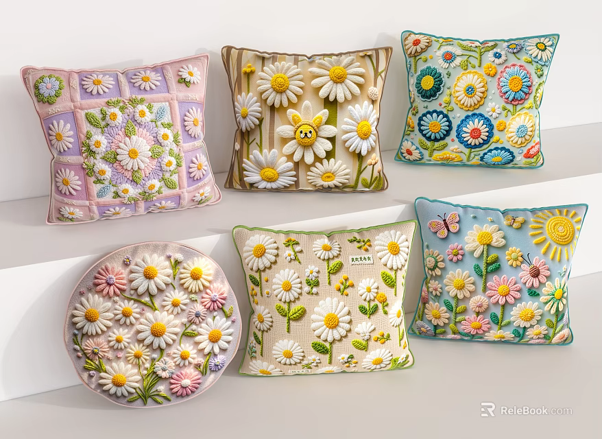 Various Floral Decorative Pillows With Daisy Butterfly Patterns And Pastel Tones 3d model 