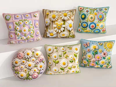 Various Floral Decorative Pillows With Daisy Butterfly Patterns And Pastel Tones 3d model