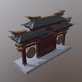Traditional Chinese Architectural Gateway With Curved Eaves Tile Roof And Circular Decorations