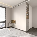 Modern White Wardrobe With Cabinets Drawers Open Shelves Decorative Items Window Blinds And Striped Rug