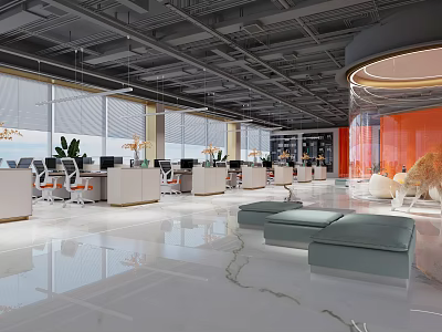 Modern Public Office Space With Large Windows Workstations Green Sofas Shiny Floor And Orange Wall 3d model