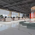 Modern Public Office Space With Large Windows Workstations Green Sofas Shiny Floor And Orange Wall 3d model