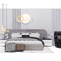 Cozy Double Bed With Gray White Bedding Nightstands Table Lamps Striped Wallpaper And Black Armchair