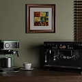 Stylish Green and Silver Coffee Appliances on Wooden Kitchen Counter with Cup and Frother