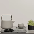 Minimalist Tea Set with Teapot Cup Saucer Tray Vase and Potted Plant in Neutral Tones