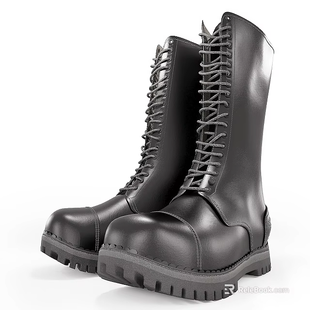 Black Leather Combat Boots with Tall Design Laced Front Thick Rubber Soles Durable Workwear Style 3d model 