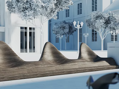 Curved Wooden Landscape Seat With White Buildings Trees And Street Lamps In Outdoor Area 3d model