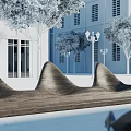 Curved Wooden Landscape Seat With White Buildings Trees And Street Lamps In Outdoor Area