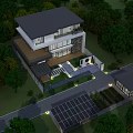 Modern Detached Villa Exterior With Large Glass Walls Stone Accents And Courtyard Greenery
